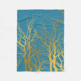 Blauwe achtergrond van gouden boomvertakkingen fleece deken