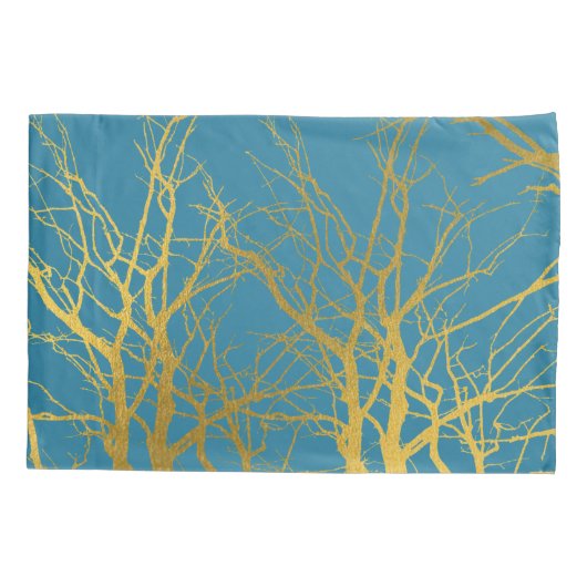 Blauwe achtergrond van gouden boomvertakkingen kussensloop (Achterkant)