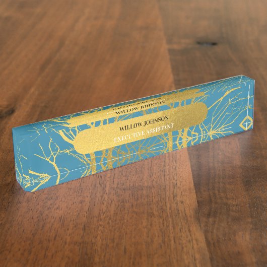 Blauwe achtergrond van gouden boomvertakkingen naambordje (Zijkant)