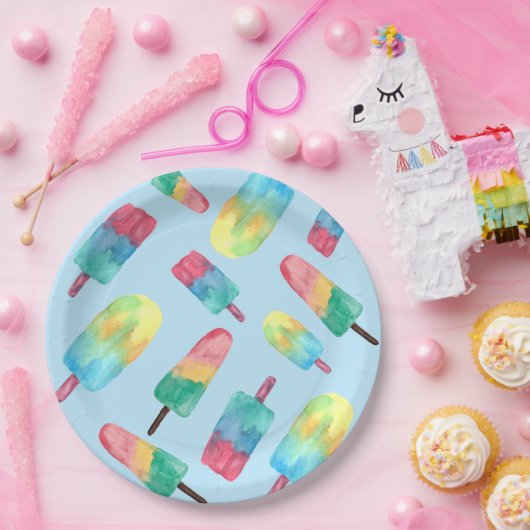 Blauwe achtergrond Waterverf Kleurrijke Popsicles Papieren Bordje (Feest)