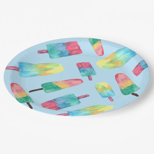 Blauwe achtergrond Waterverf Kleurrijke Popsicles Papieren Bordje (Gekanteld)