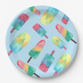 Blauwe achtergrond Waterverf Kleurrijke Popsicles Papieren Bordje (Voorkant)