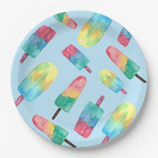 Blauwe achtergrond Waterverf Kleurrijke Popsicles Papieren Bordje (Voorkant)
