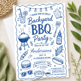 Blauwe achtertuin BBQ-feest zomer handgetekende Do Kaart