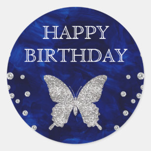 Blauwe acryl en zilverglitter Butterfly Birthday Ronde Sticker