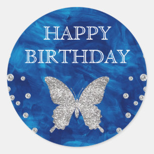 Blauwe acryl en zilverglitter Butterfly Birthday Ronde Sticker