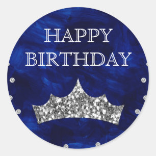 Blauwe Acryl & Zilveren Glitter Kroon Verjaardag Ronde Sticker