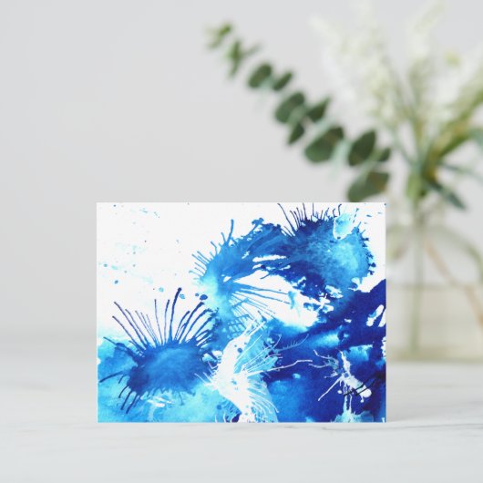 Blauwe acrylinkt Abstracte verf van flora Briefkaart (Staand voorkant)