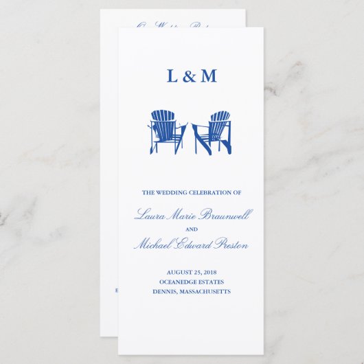 Blauwe Adirondack stoelen | ceremonieprogramma Programmakaart (Voorkant / Achterkant)