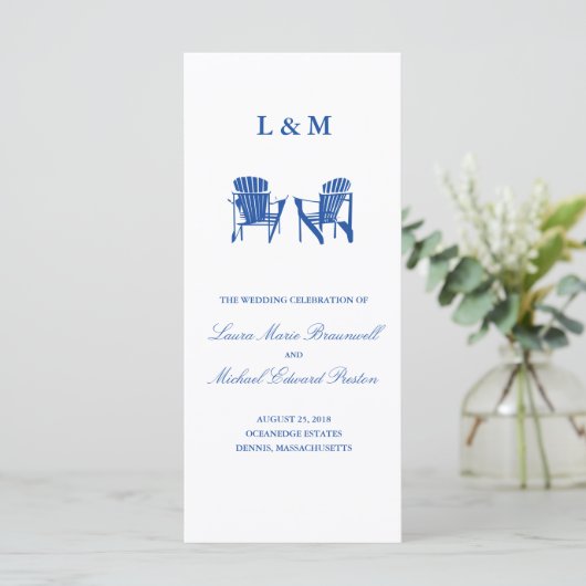Blauwe Adirondack stoelen | ceremonieprogramma Programmakaart (Staand voorkant)