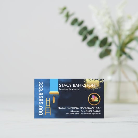 Blauwe afpelende verfvlekken spatten visitekaartje (Staand voorkant)