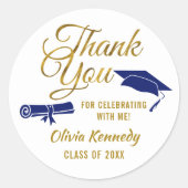 Blauwe afstudeerhoed Gouden Dank Je Script Favor Ronde Sticker (Voorkant)