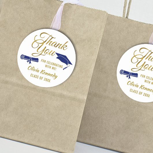 Blauwe afstudeerhoed Gouden Dank Je Script Favor Ronde Sticker