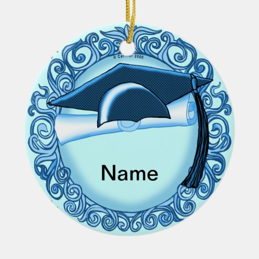 Blauwe afstudeerhoed keramisch ornament (Voorkant)