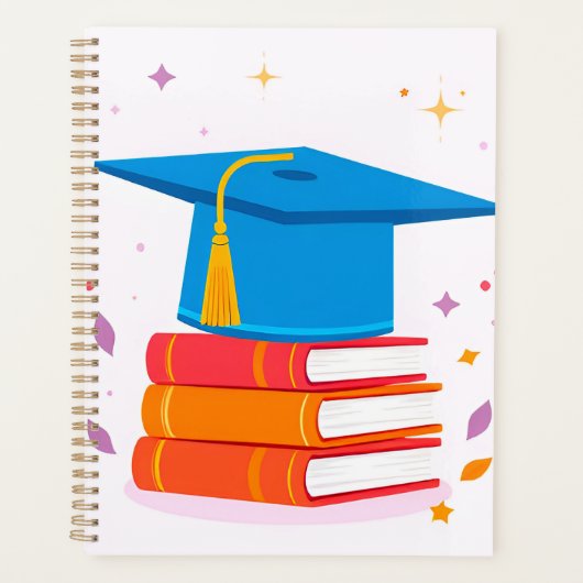 Blauwe afstudeerhoed met boeken planner (Voorkant)