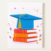 Blauwe afstudeerhoed met boeken planner (Achterkant)