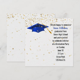 Blauwe afstudeerhoed met gouden confetti kaart