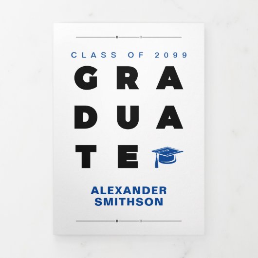 Blauwe, AFSTUDEREN letters en Pet Afstuderen Drieluik Aankondiging (Cover)