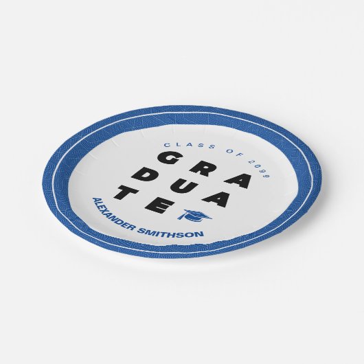 Blauwe, AFSTUDEREN letters en Pet Afstuderen Papieren Bordje (Gekanteld)