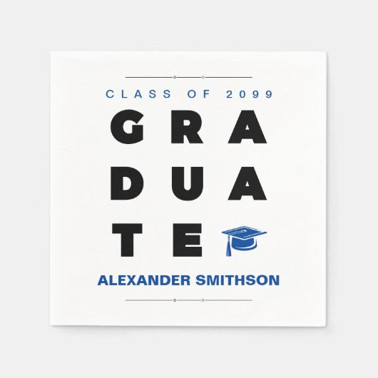 Blauwe, AFSTUDEREN letters en Pet Afstuderen Servet (Voorkant)