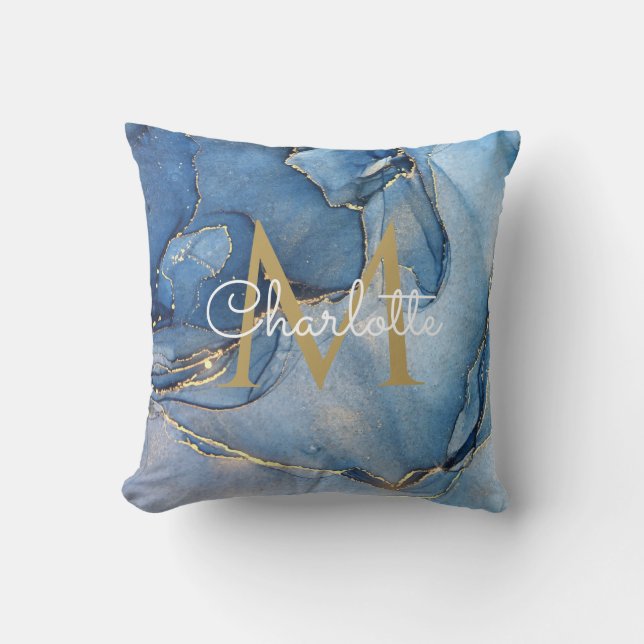 Blauwe Agaat Geode Gouden Monogram Moderne Lettert Kussen (Voorkant)