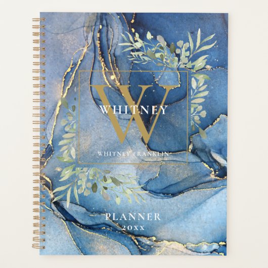 Blauwe Agaat Geode Groene Monogram Naam 2023 Planner (Voorkant)