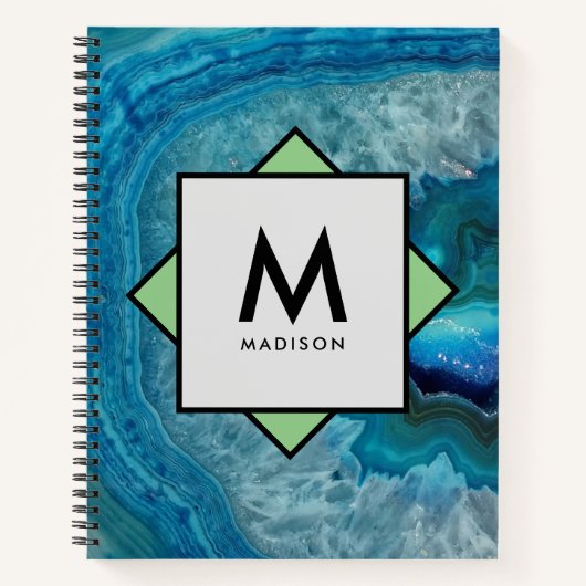 Blauwe Agaat Geode met Jouw naam en Monogram op Notitieboek (Voorkant)
