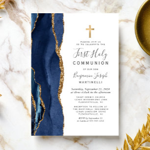 Blauwe Agaat Gouden Glitter Eerste Heilige Commun Kaart