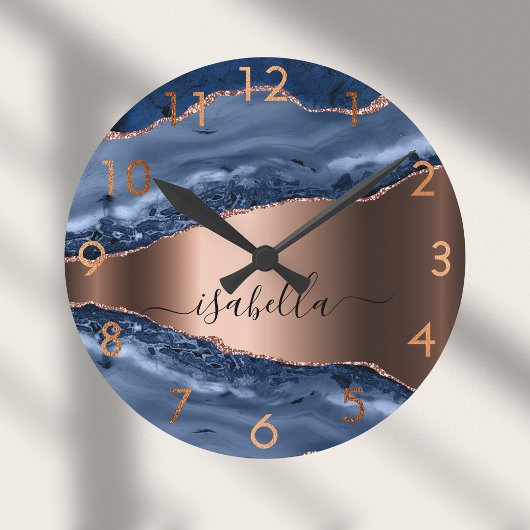 Blauwe agaat marmer roos goud ronde klok