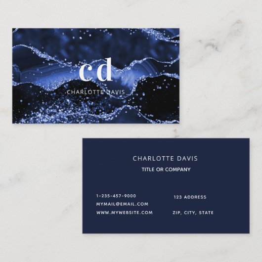 Blauwe agaat marmeren monogram initialen visitekaartje (Voorkant / Achterkant)