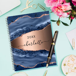 Blauwe agaat marmeren roos gouden naam script 2023 planner