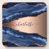 Blauwe agaat marmeren roos gouden naam script bier onderzetter (Voorkant)