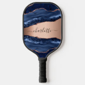 Blauwe agaat marmeren roos gouden naam script pickleball paddle (Voorkant)