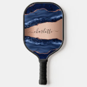 Blauwe agaat marmeren roos gouden naam script pickleball paddle (Achterkant)