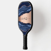 Blauwe agaat marmeren roos gouden naam script pickleball paddle (Links)