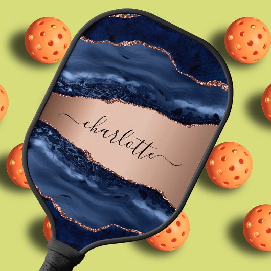 Blauwe agaat marmeren roos gouden naam script pickleball paddle