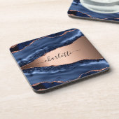 Blauwe agaat marmeren roze gouden naam script bier onderzetter (Linkerzijde)