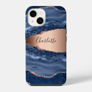Blauwe agaat marmeren roze gouden naam script iPhone 14 hoesje