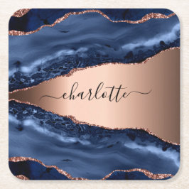 Blauwe agaat marmeren roze gouden naam script kartonnen onderzetters