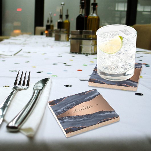 Blauwe agaat marmeren roze gouden naam script stenen onderzetter