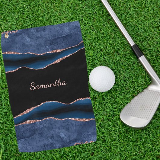 Blauwe Agaat Roos Gouden Naam Golfhanddoek