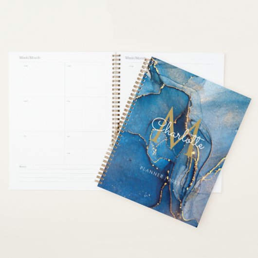 Blauwe Agate Geode Gouden Monogram Script 2023 Planner (Display)