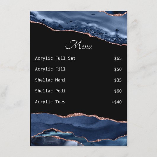 Blauwe Agate Nail Tech Price List Menu (Voorkant)