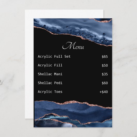 Blauwe Agate Nail Tech Price List Menu (Voorkant / Achterkant)