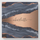 Blauwe agaten marmeren roos gouden naam script stenen onderzetter (Voorkant)