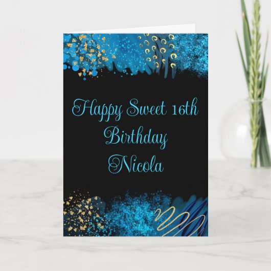 Blauwe alcohol inkt Sweet 16 Kaart (Voorkant)