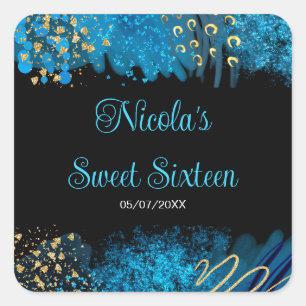 Blauwe Alcohol Inkt Sweet 16 Verjaardagsfeestje Vierkante Sticker