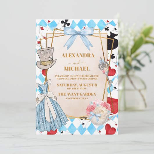 Blauwe  Alice in Wonderland Bruiloft Kaart (Staand voorkant)