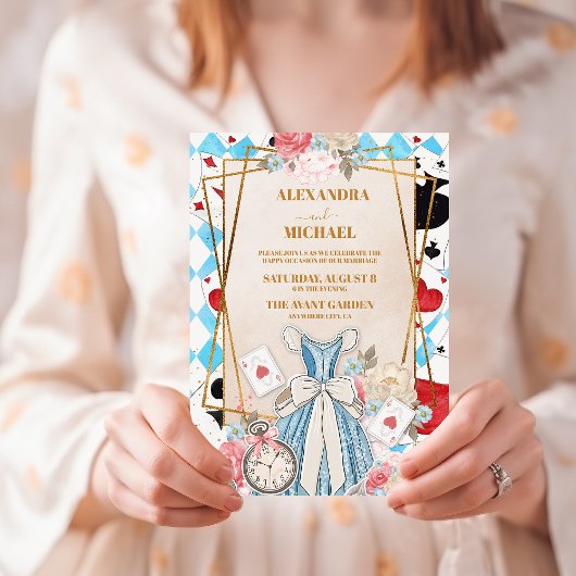 Blauwe Alice in Wonderland Bruiloft Kaart
