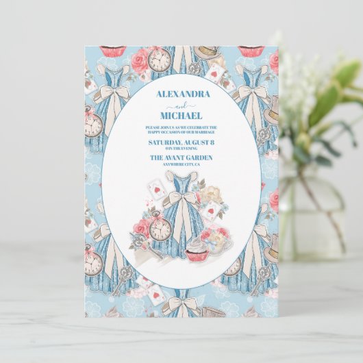 Blauwe  Alice in Wonderland Bruiloft Kaart (Staand voorkant)